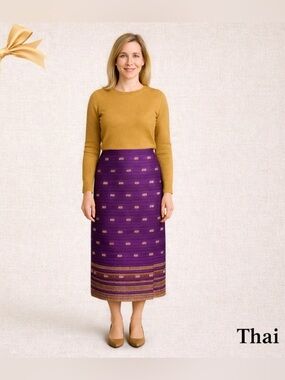 Thai Silk Wrap Skirt Elephant Print Purple Ankle Length 100% Silk